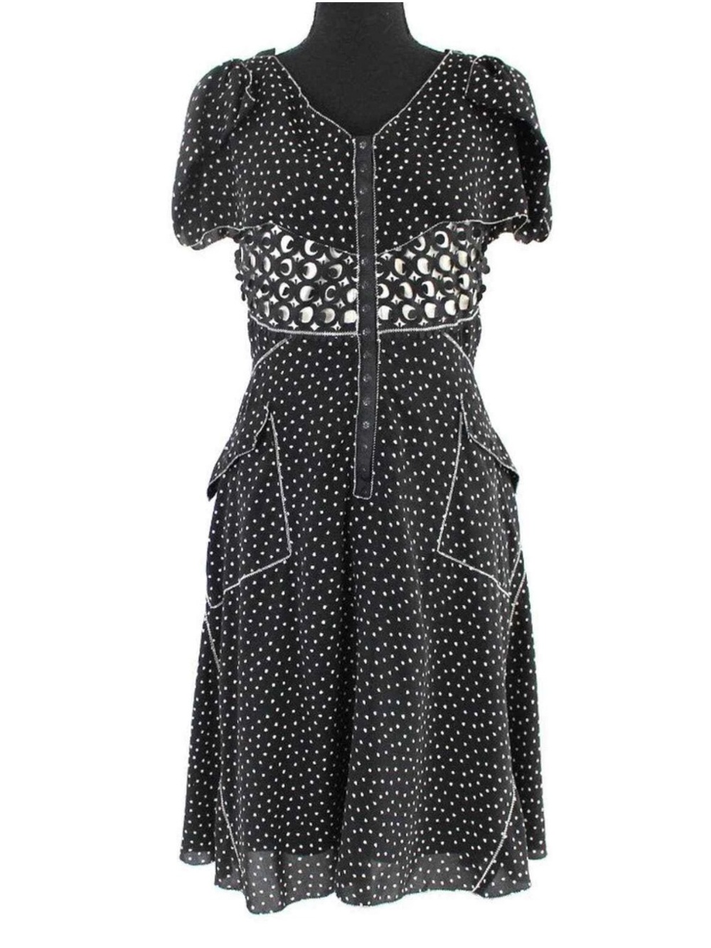 Byron Lars Beguile Black Cream Laser Cut Fit & Flare Flutter Midi Dress Size 8